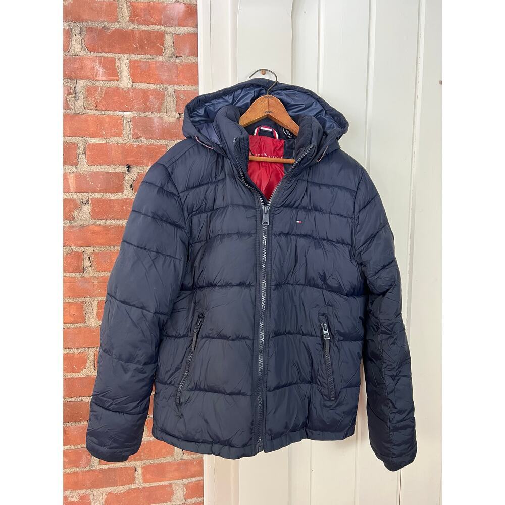 Tommy Hilfiger Navy Blue Hooded Puffer Jacket Mens Medium Quilted Winter Coat